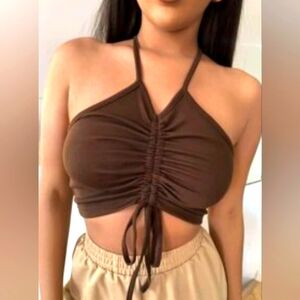 NEW Brown Drawstring Rib-knit Halter top